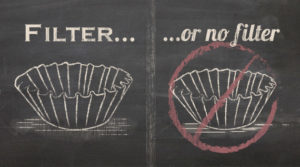 chalk drawing of two coffee filters, one with a red strike emblem over it