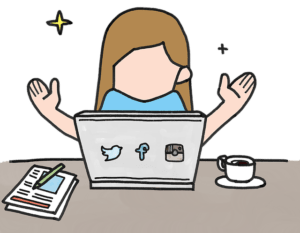 Cartoon girl being happy behind a laptop